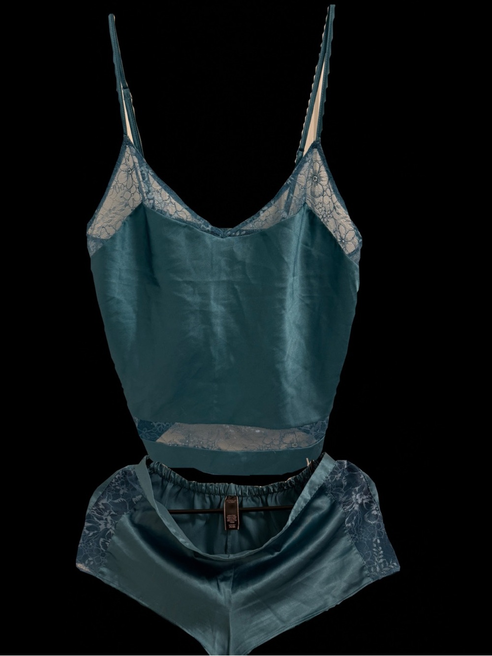 Victoria's Secret Teal Satin Lace Trim Camisole & Shorts Set